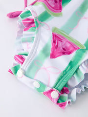 Summer Watermelon Print Girl Long Sleeve Ruffle One Piece Swimsuit