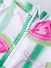 Summer Watermelon Print Girl Long Sleeve Ruffle One Piece Swimsuit