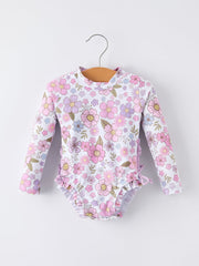 Summer Floral Print Girl Long Sleeve Ruffle One Piece Swimsuit