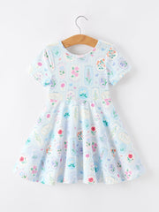 Summer Floral Botanical Girls Dress Blue Short Sleeve