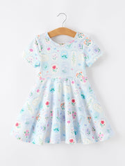 Summer Floral Botanical Girls Dress Blue Short Sleeve