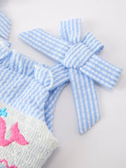 Whale Embroidered Smocked Seersucker Baby Girl Romper Bow