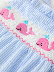 Whale Embroidered Smocked Seersucker Baby Girl Romper Bow