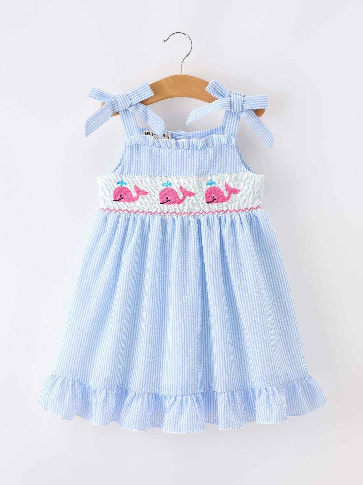 Whale Embroidered Smocked Seersucker Girls Dress Bow
