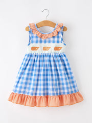 Summer Whale Embroidery Girls Dress Plaid Ruffle Collar
