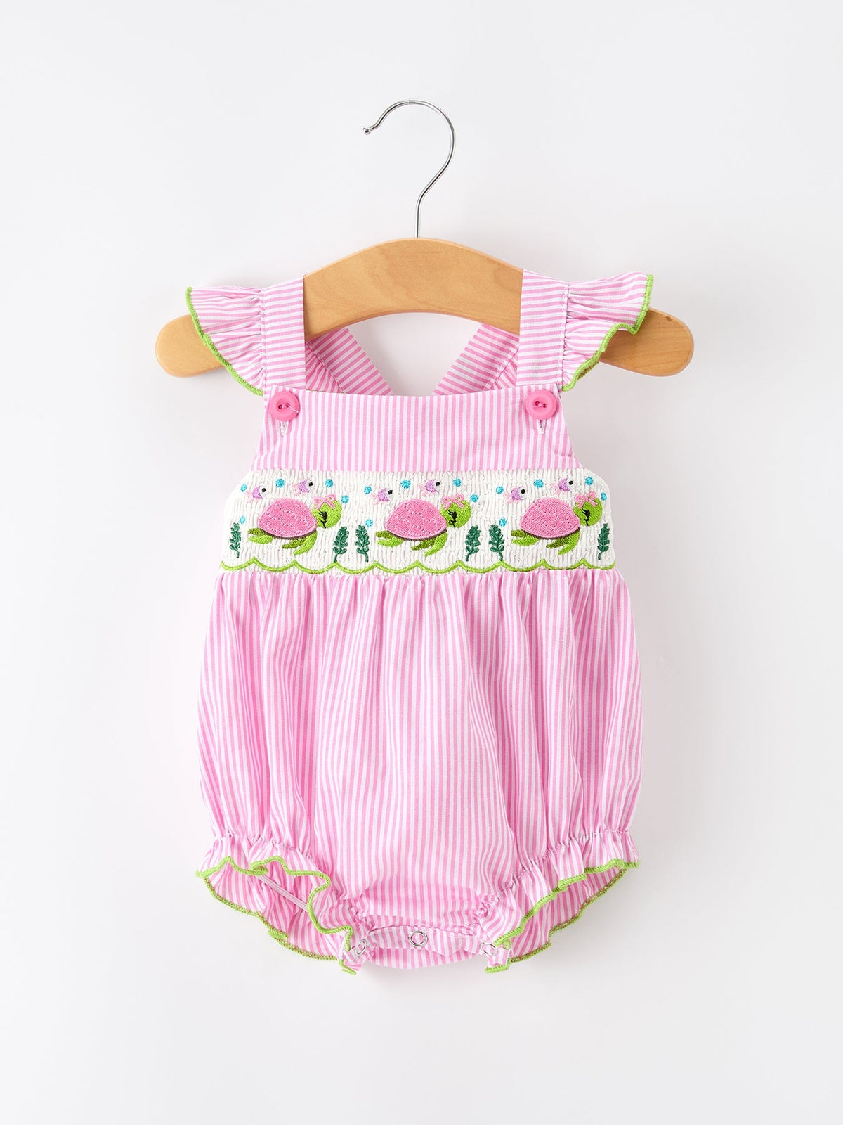 Turtle Girls Romper Pink Stripe Ruffle Strap Smocked