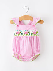Turtle Girls Romper Pink Stripe Ruffle Strap Smocked