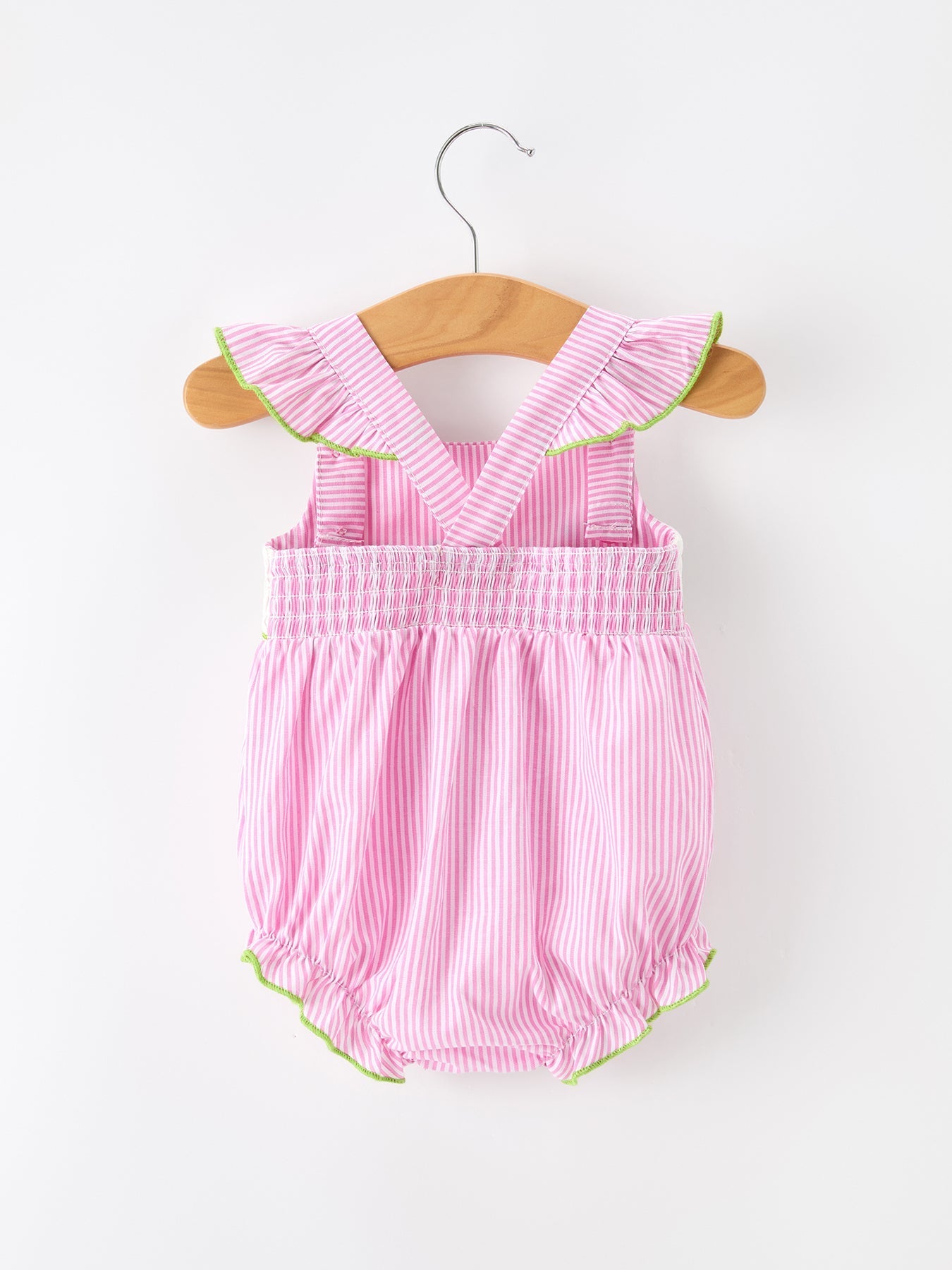 Turtle Girls Romper Pink Stripe Ruffle Strap Smocked