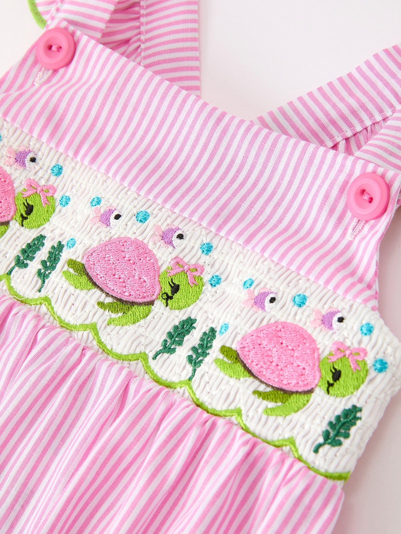 Turtle Girls Romper Pink Stripe Ruffle Strap Smocked