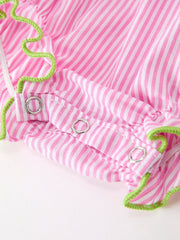 Turtle Girls Romper Pink Stripe Ruffle Strap Smocked