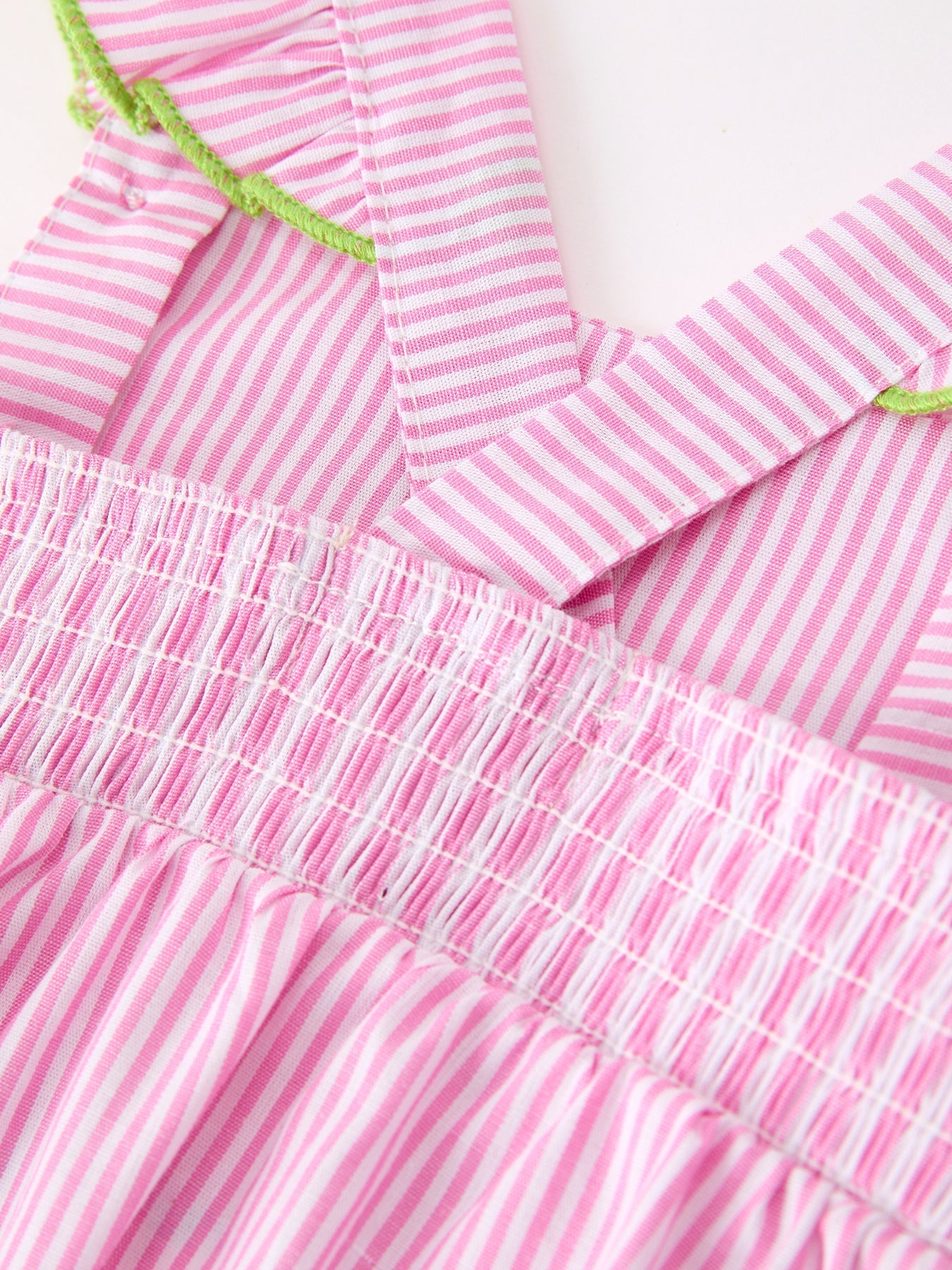 Turtle Girls Romper Pink Stripe Ruffle Strap Smocked