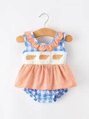 Summer Whale Embroidery Girls Romper Plaid Ruffle Collar