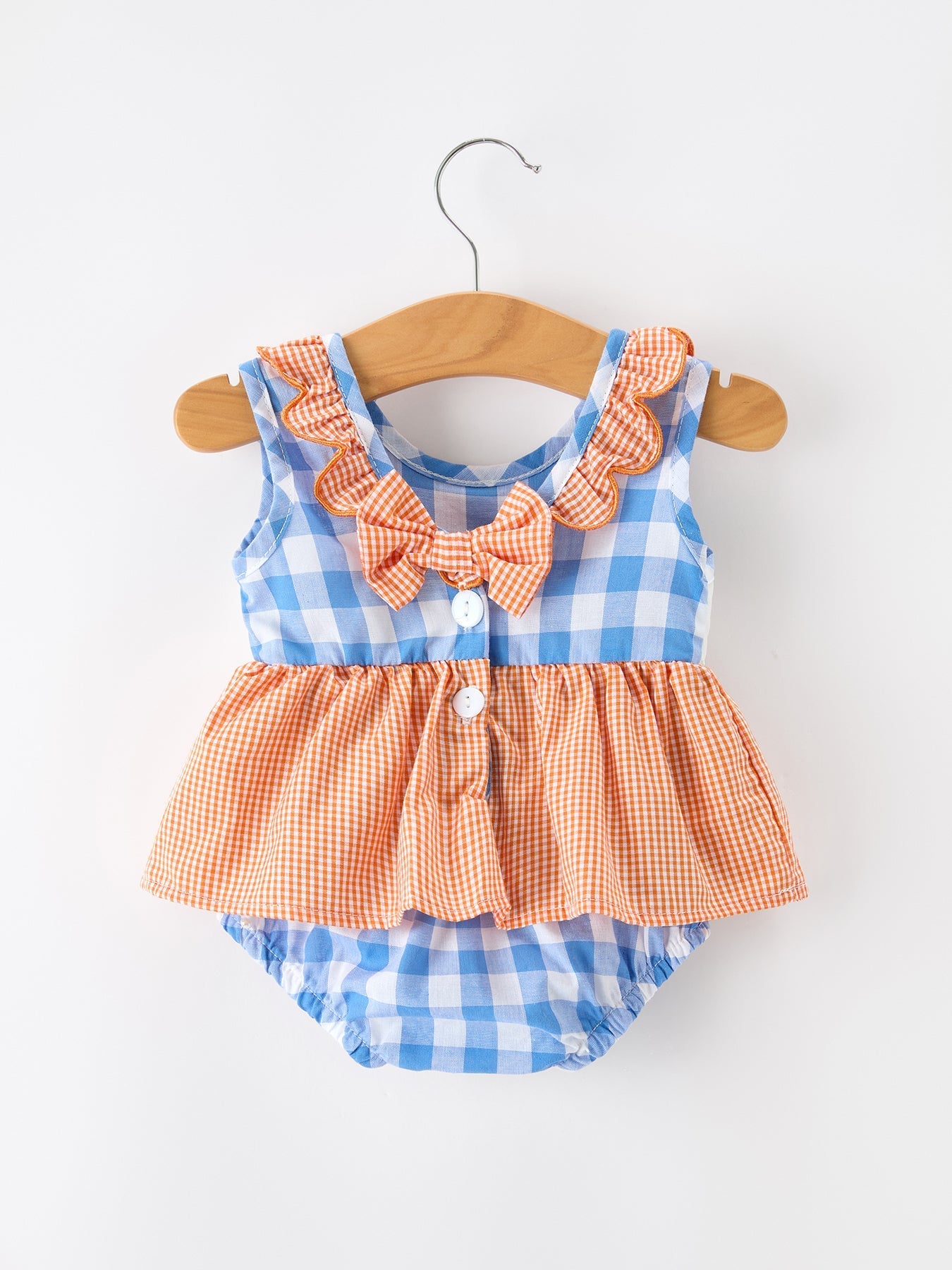 Summer Whale Embroidery Girls Romper Plaid Ruffle Collar