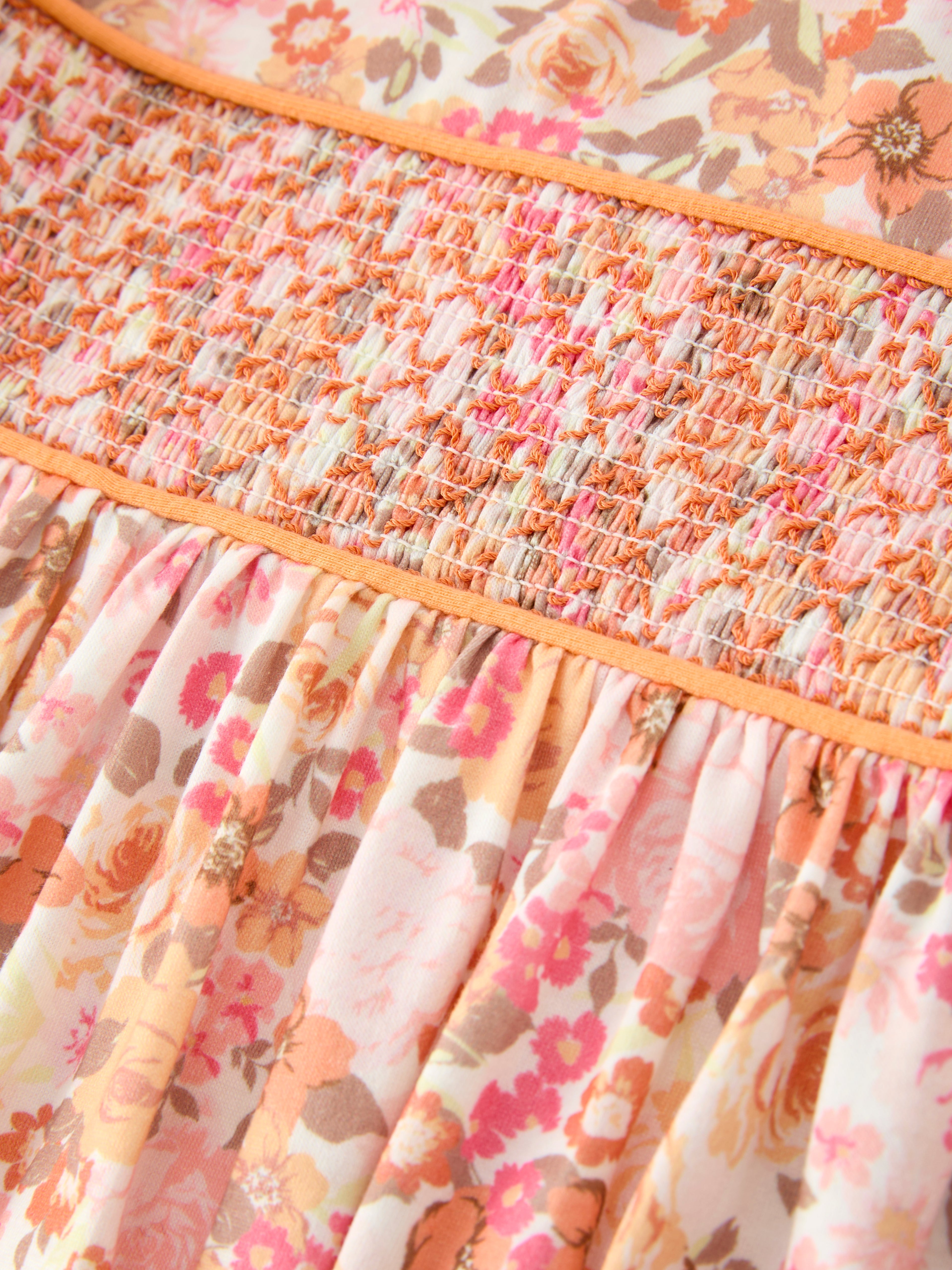 Peach Bow Smocked Floral Girl Dress