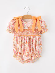 Peach Bow Smocked Floral Baby Bubble