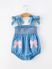 Summer Bow Baby Romper Smocked Strap Bubble Bow Applique