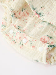 Muslin Summer Floral Print Smocked Baby Girl Romper Set Hat