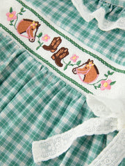 Western Plaid Horse Embroidered Girl Dress