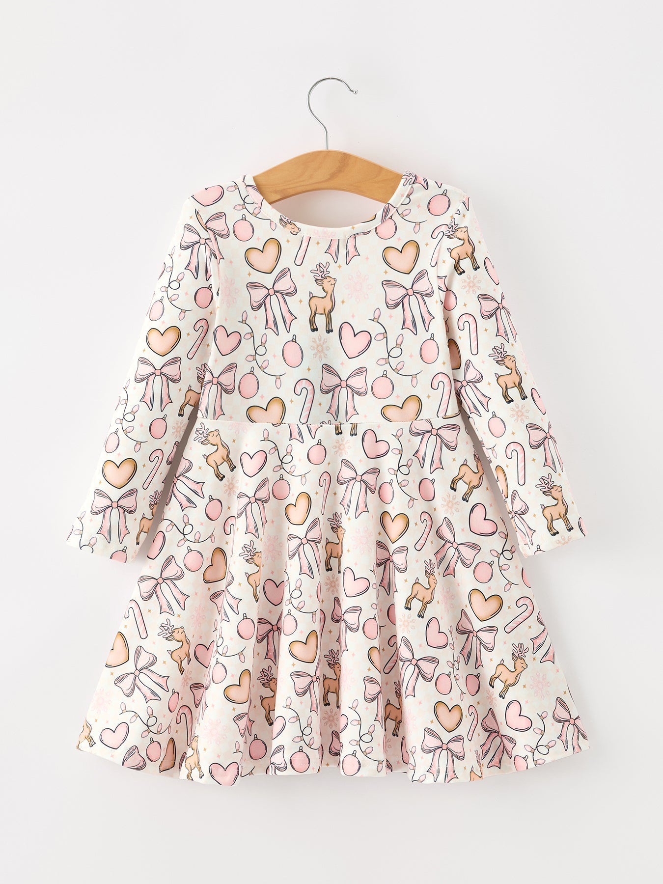 Pink Bow Reindeer Candy Cane Girls Twirl Dress