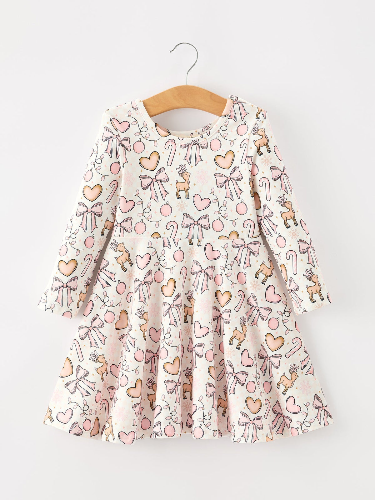 Pink Bow Reindeer Candy Cane Girls Twirl Dress