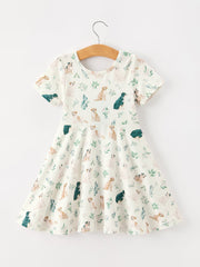 Neutral Puppy Floral Twirl Girls Dress