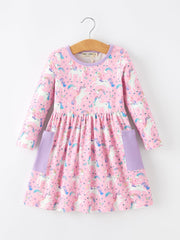 Pink Unicorn Girls Pocket Dress Rainbow Star Print