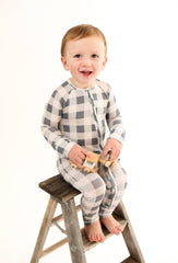 SLATE GINGHAM | ZIP ROMPER