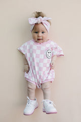 Short Sleeve Bubble Romper | Checkered Smiley Pink