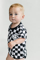 Short Sleeve Bubble Romper | Checkered Smiley Black