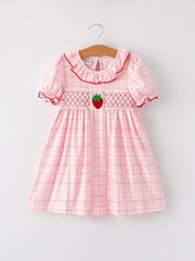 Strawberry Applique Girls Pink Plaid Dress