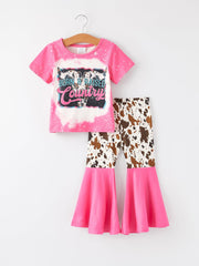 Western Cow Print Girl Set Flare Leggings Pink Top