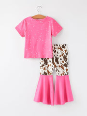 Western Cow Print Girl Set Flare Leggings Pink Top
