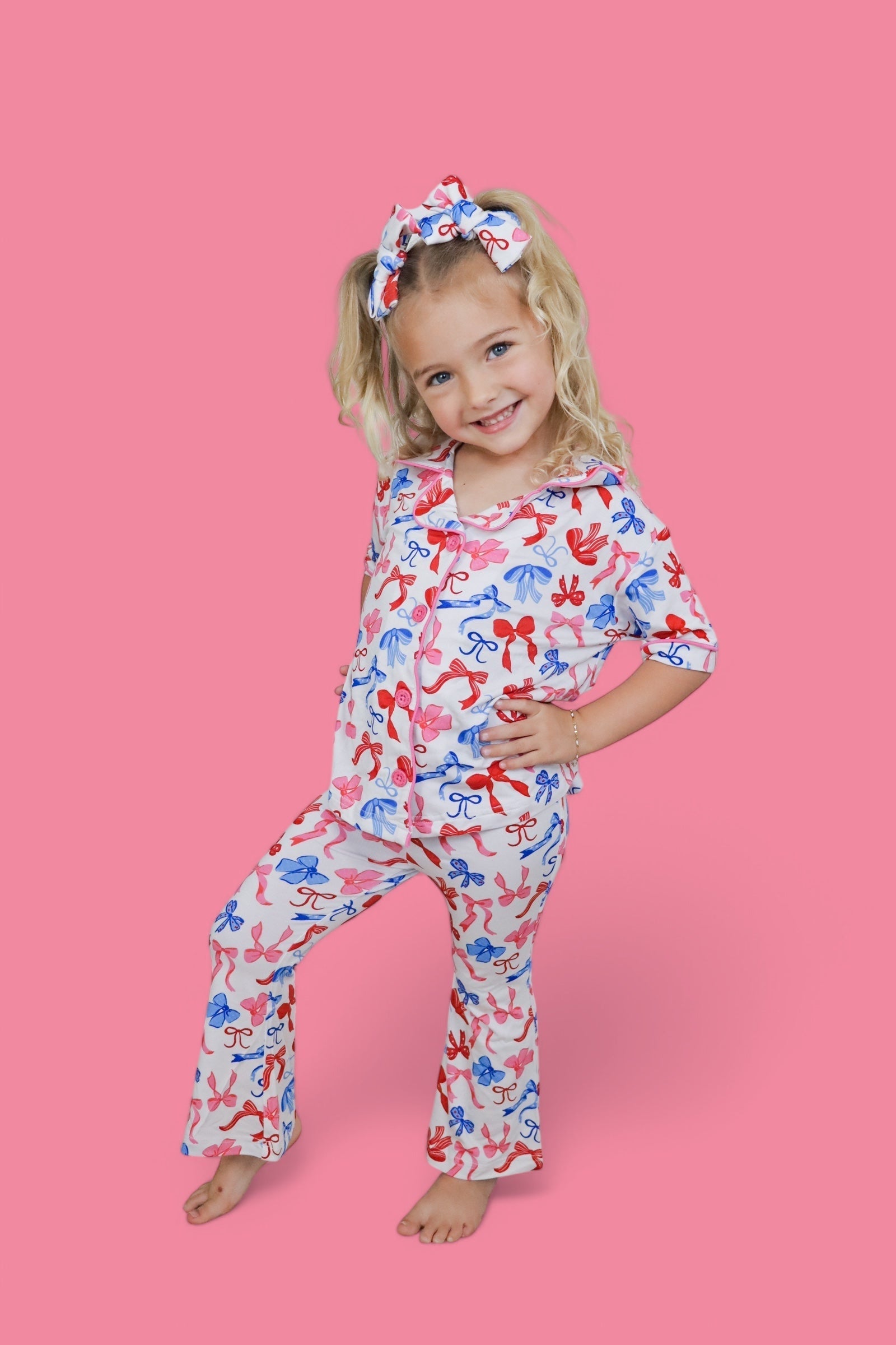 RED, WHITE AND BOWS DREAM GIRL'S SHORT SLEEVE FLARE SET