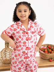 Spring Strawberry Bow Short Sleeve Shorts Pajama Set