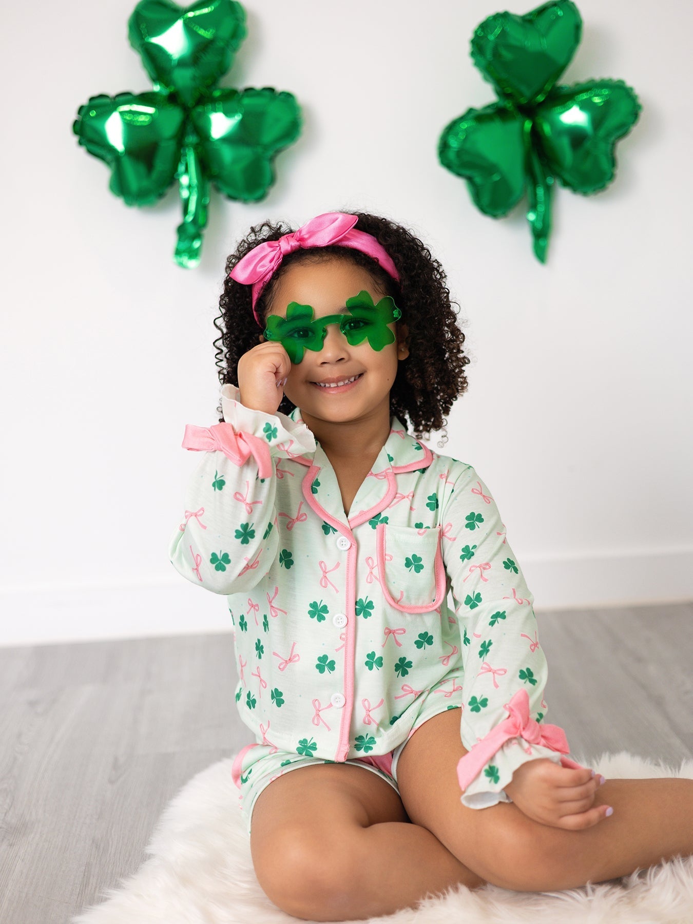 St. Patrick's Day Bow Shamrock Print Ruffles Girls Pajama Set