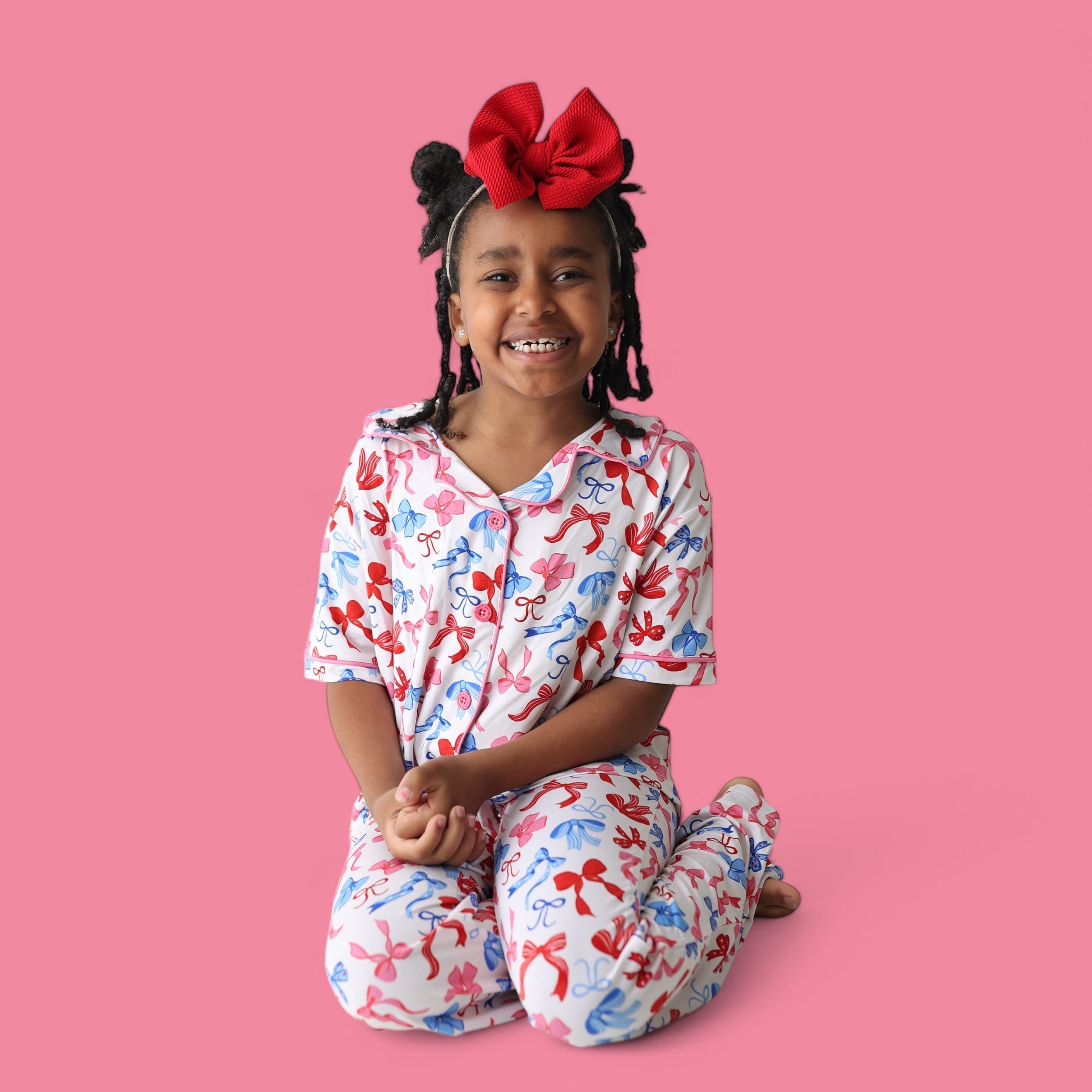 RED, WHITE AND BOWS DREAM GIRL'S SHORT SLEEVE FLARE SET