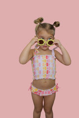 SUMMER SUNSET CHECKERS DREAM SMOCKED TANKINI TWO PIECE SWIM SUIT