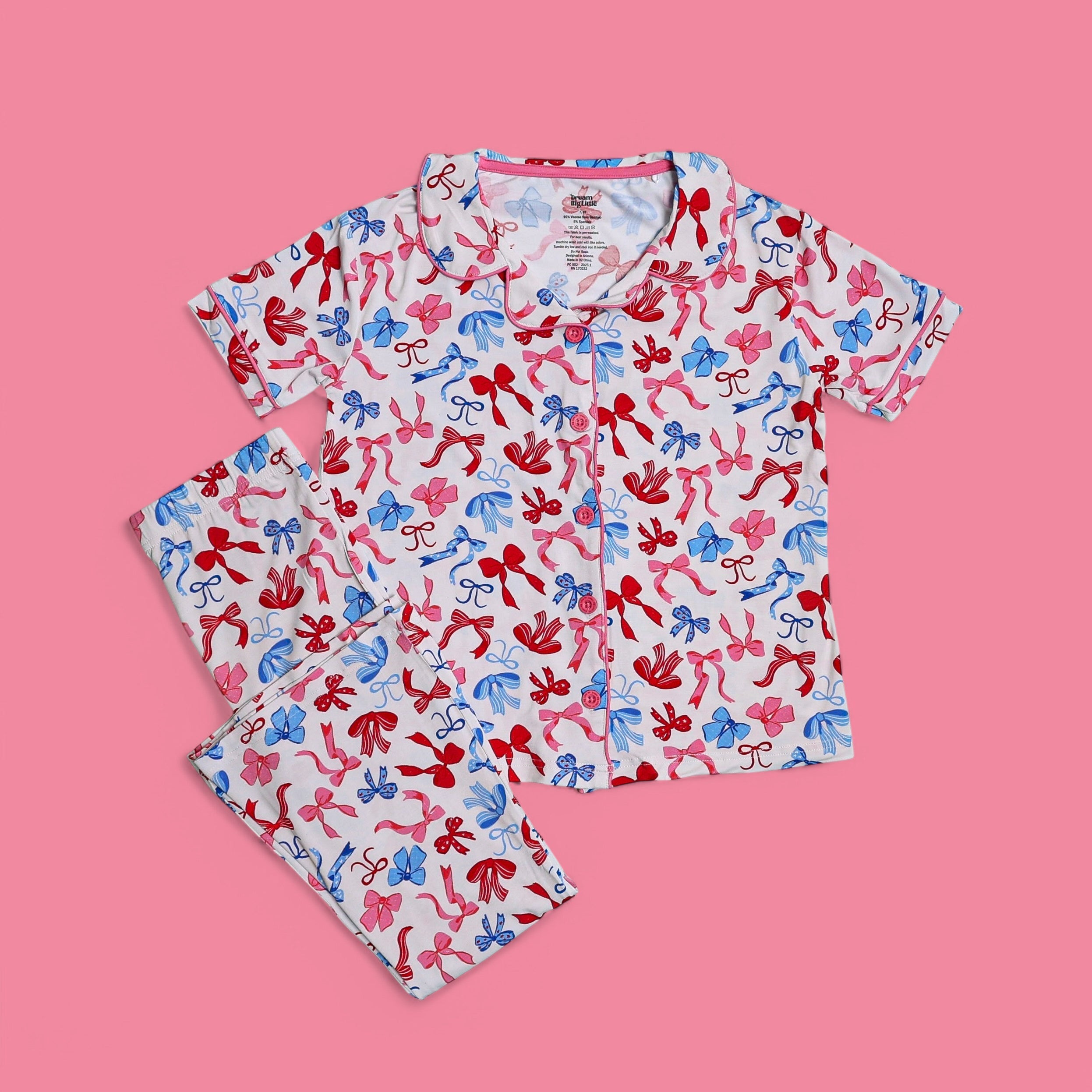 RED, WHITE AND BOWS DREAM GIRL'S SHORT SLEEVE FLARE SET