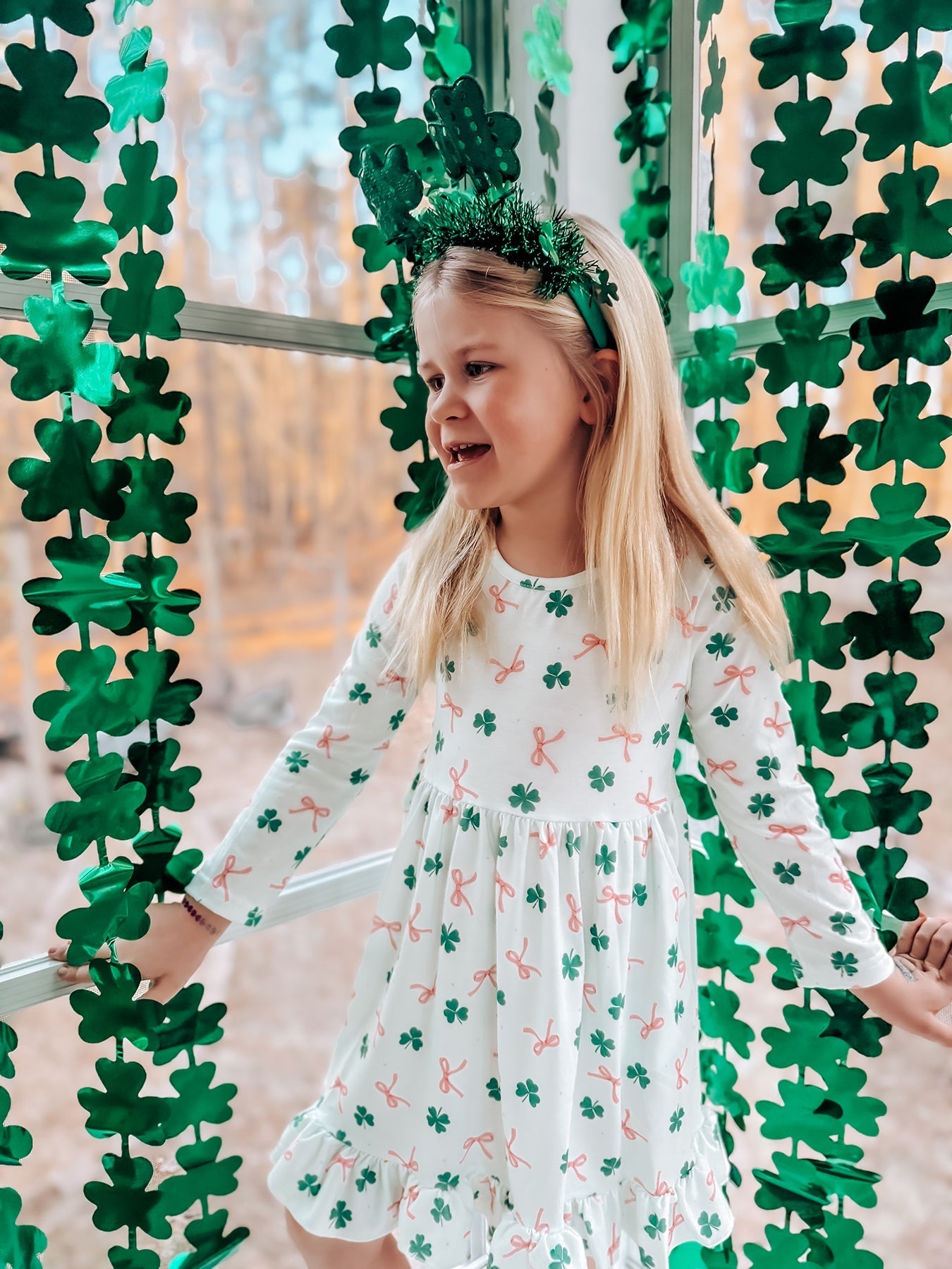 St. Patrick's Day Bow Shamrock Print Ruffles Girls Dress