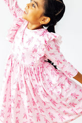 Twirling en Pointe 3/4 Sleeve Ruffle Twirl Dress