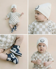Short Sleeve Bubble Romper | Checkered Smiley Latte