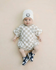 Short Sleeve Bubble Romper | Checkered Smiley Latte