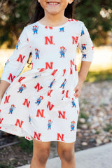 Nebraska White Herbie Husker 3/4 Sleeve Pocket Twirl Dress
